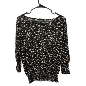 Isabella Rodriguez Womens Black Brown Animal Print Smocked Blouse Roll Tab M